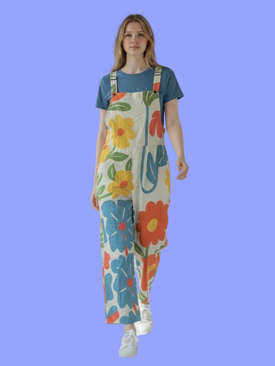 SHEIN Pants - SHEIN White Floral Wide-Leg Jumpsuit with Blue, Yellow & Coral Flowers